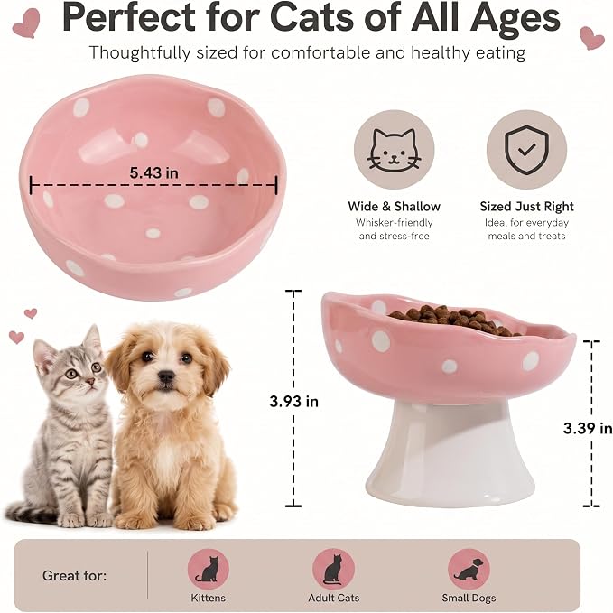 Pink Mushroom Cat Bowl, Elevated Ceramic Feeding Bowl | Elevated, Ceramic, Tilted Design, Whisker-Friendly, Dishwasher Safe, cute