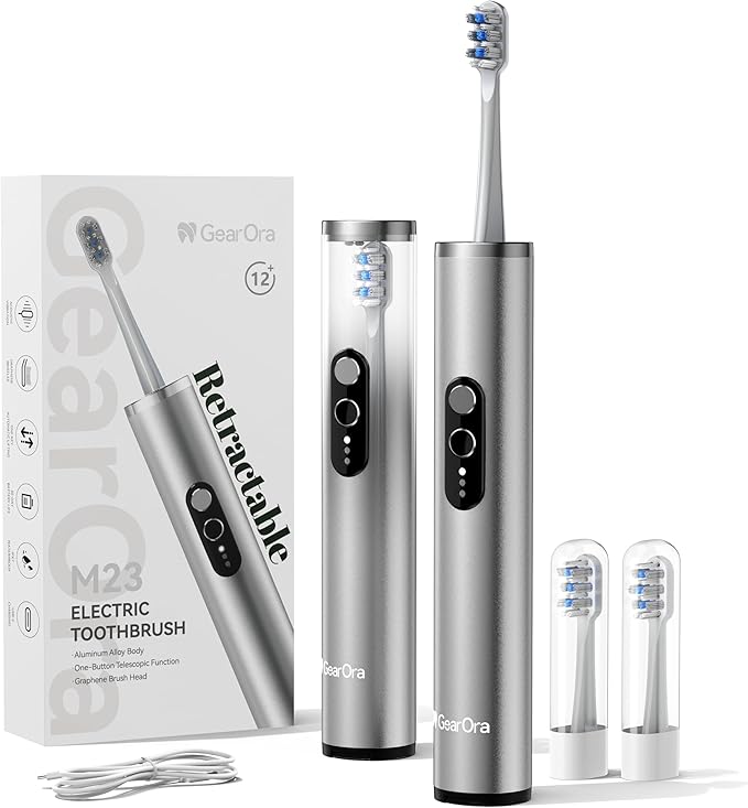 M23 Travel Electric Toothbrush for Adults, Retractable Portable Sonic Toothbrush, Aluminum Body, 30-Day Battery, Universal USB-C Charging, IPX7 Waterproof, Compact Travel Size Toothbrush