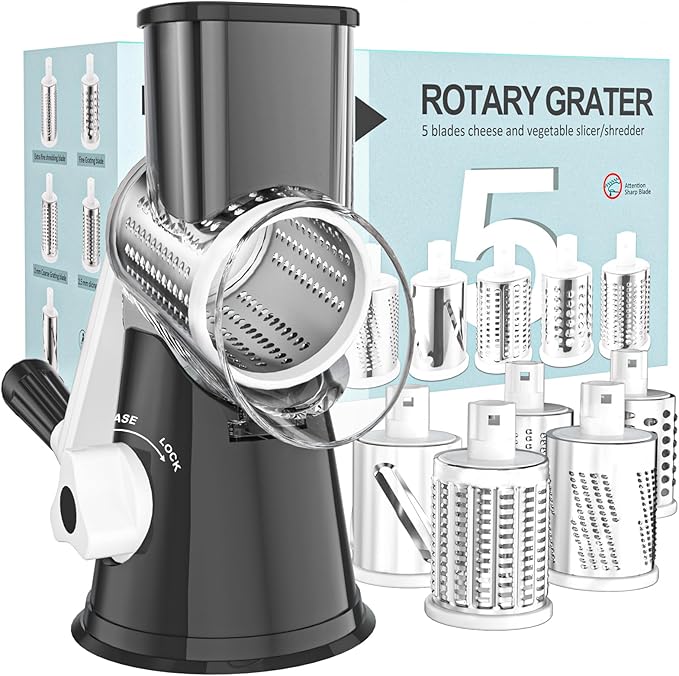 Cambom Rotary Cheese Grater Hand Crank Cheese Shredder for Fresh Cheese, Vegetable, Nuts,Non-slip Suction Base, Five Blades, Black