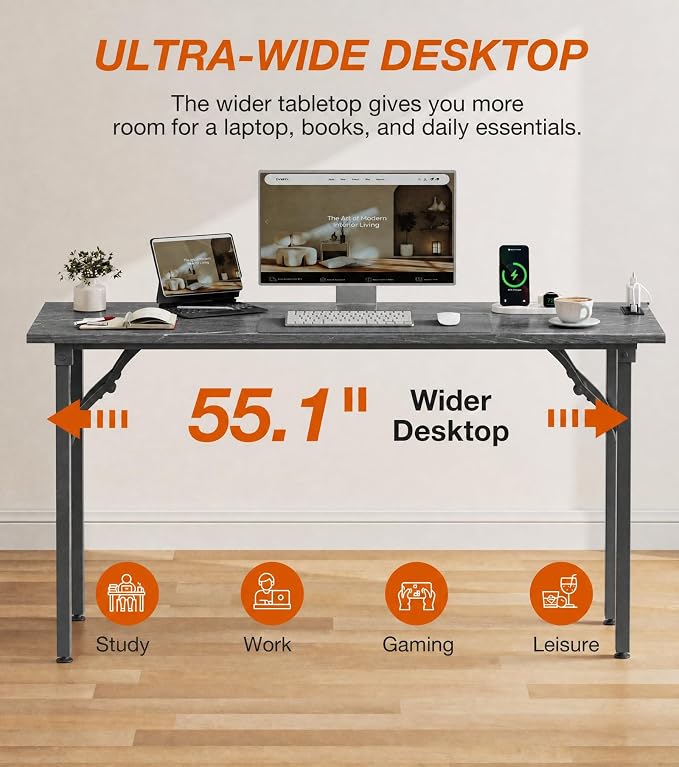 XBurmo Small Folding Desk Folding Table, No Assembly Foldable Desk Gaming Desk, 55.1-Inch Computer Table Workstation with 2 AC Outlets and 2 USB Ports for Bedroom and Home Office, Marble Greige
