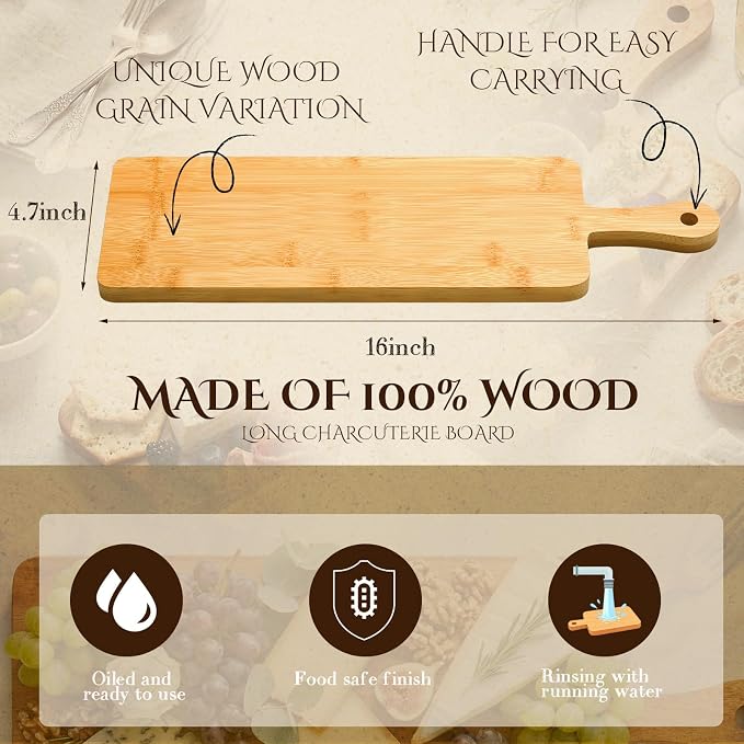 Nuenen 6 Pcs Wood Cutting Board with Handle 16.1 x 4.7 Inch Acacia Bamboo Wooden Serving Kitchen Chopping Boards for Pizza, Bread, Cheese, Charcuterie, Fruit, Vegetables(Narrow Bamboo)