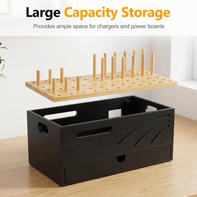 Homde Bamboo Charging Station Organizer: 2 Layer Charger Holder with Drawer for Office Home - Electronic Docking Stand for Multiple Devices, Tablets, Phones （Black）