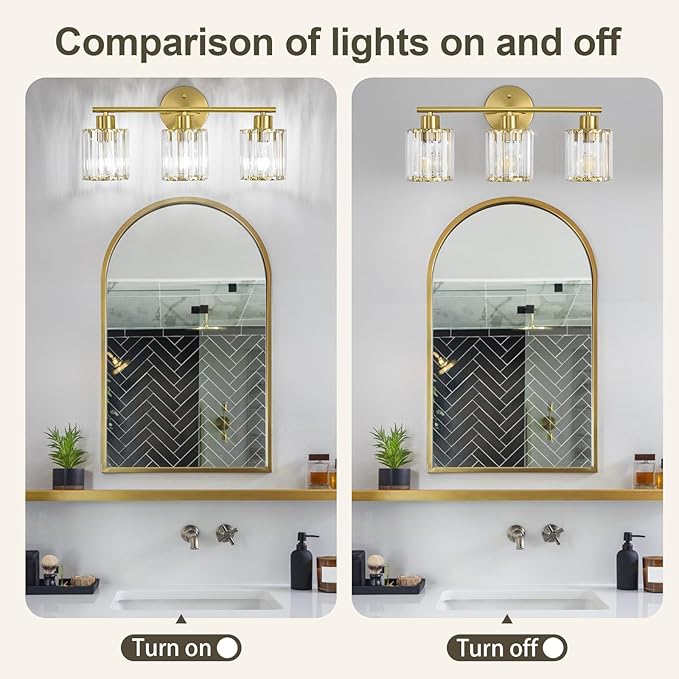 Crystal Bathroom Light Fixtures, Bathroom Lighting Fixtures Over Mirror, Modern 3-Light Gold Vanity Lights for Mirror, Restroom, Kitchen(Ceramic E26 Socket,Bulbs Not Include)