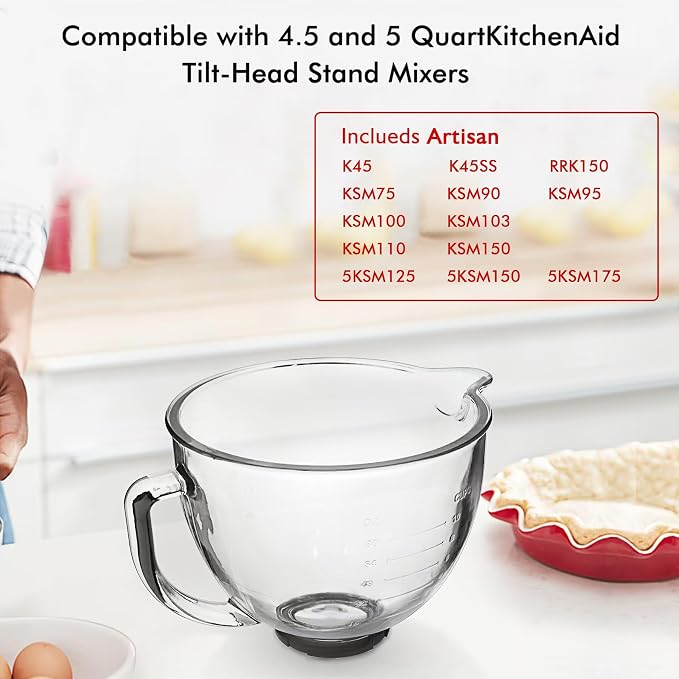 Glass Mixing Bowl 5 QT for KitchenAid 4.5 and 5 Quart Tilt-Head Stand Mixers