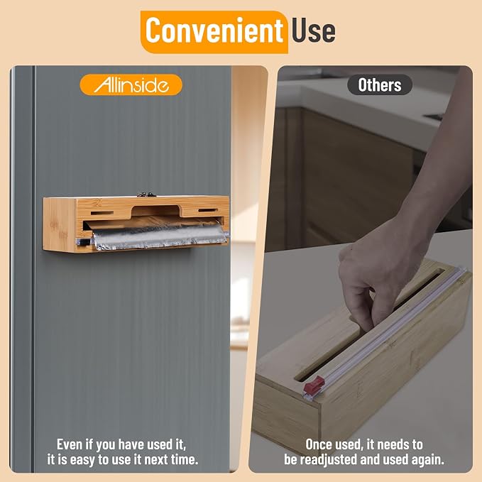Allinside Magnetic Plastic Wrap Dispenser with Cutter and Labels, Aluminum Foil Holder, Wax Paper Storage Box for Refrigerator, Kitchen Bamboo Organizer Compatible with 12.9" Roll (1 Layer)