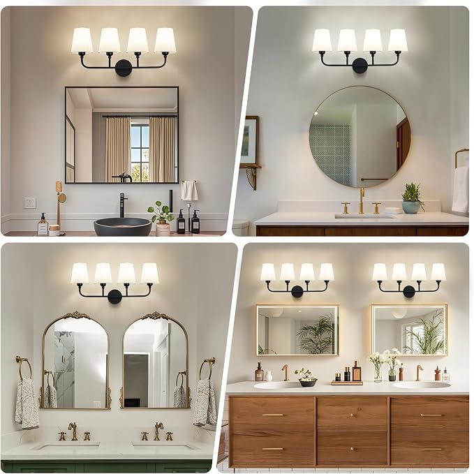 Bathroom Vanity Light, Matte Black Bathroom Light Fixtures, 4-Light Lighting Fixtures Over Mirror, Modern Wall Sconce with Flared White Fabric Shade, E26 Socket(ETL Listed)