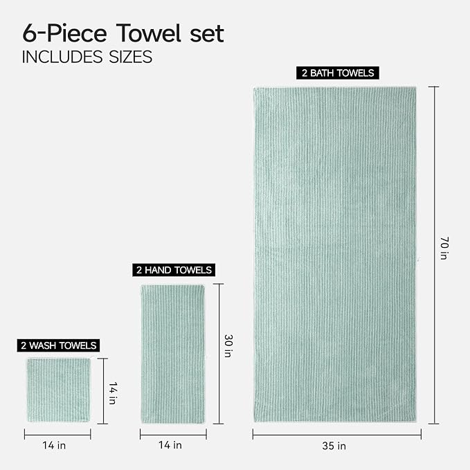 REDKISS 6-Piece Microfiber Bath Towel Set, Ultra Soft, Highly Absorbent & Quick Dry, 35x70 Inch Oversized, sage Green Towels for Bathroom, Spa, Gym, 2 Bath 2 Hand 2 Washcloths