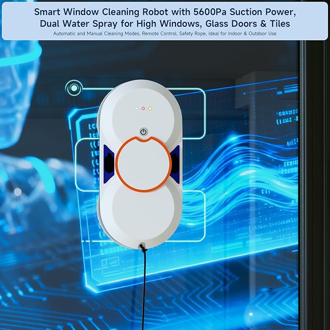 Smart Window Cleaning Robot - 5600Pa Suction Power, Double Ultrasonic Spray, 2 30ml Tanks, Smart Navigation, Anti-Drop, Remote Control, 3 Cleaning Modes for High Window Tile Mirror Glass Door