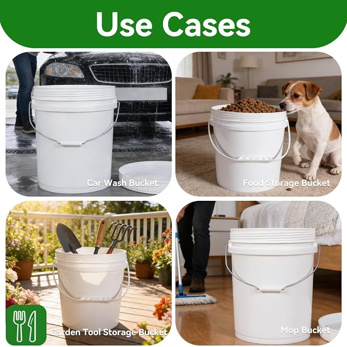 3 Pack 5 Gallon White Plastic Buckets with Lid & Metal Handle, 1 Pack 2.6 Gal Small Plastic Bucket with Spiral Lid & Handle Food Grade Storage Containers for Water, Cleaning, Halloween