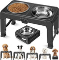 COMESOON Elevated Dog Bowls, 5 Adjustable Heights (3.9"-13.4") Raised Dogs Food Bowl Stand for Medium Large Sized Dogs, Non-Slip Foldable Travel Pet Feeder Black with Stainless Steel Bowls