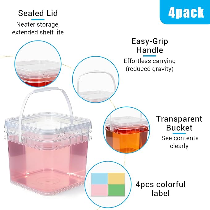 Food Storage Buckets with Lids - 4 Set Square Clear Plastic Containers, Airtight Pressure Seal & Handle for Kitchen Freezer Prep (Clear, 0.8 gal)