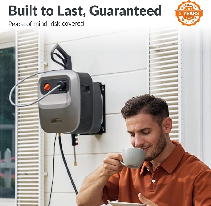 Giraffe Tools 65 FT Retractable Wall Mounted Pressure Washer G20, 2500 PSI | 2.2 GPM, Automatic Rewind with 180° Swivel Bracket, 5 Nozzles, Foam Cannon for Car, Fences and Patio Cleaning, Dark Silver