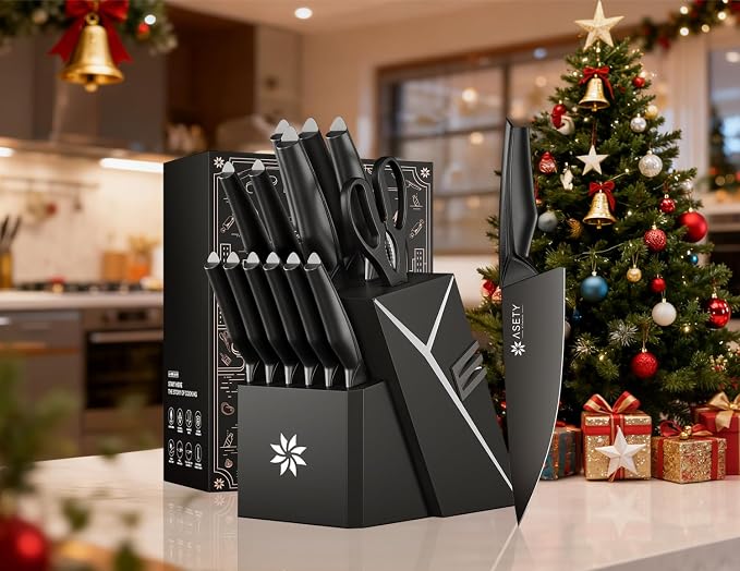 ASETY Kitchen Knife Set, 15 PCS Knife Block Set, Dishwasher Safe, Black | Razor Sharp Knives, Wood Block with Built-In Sharpener, Stainless Steel Knives set for Kitchen, Ergonomic Non-Slip Handle