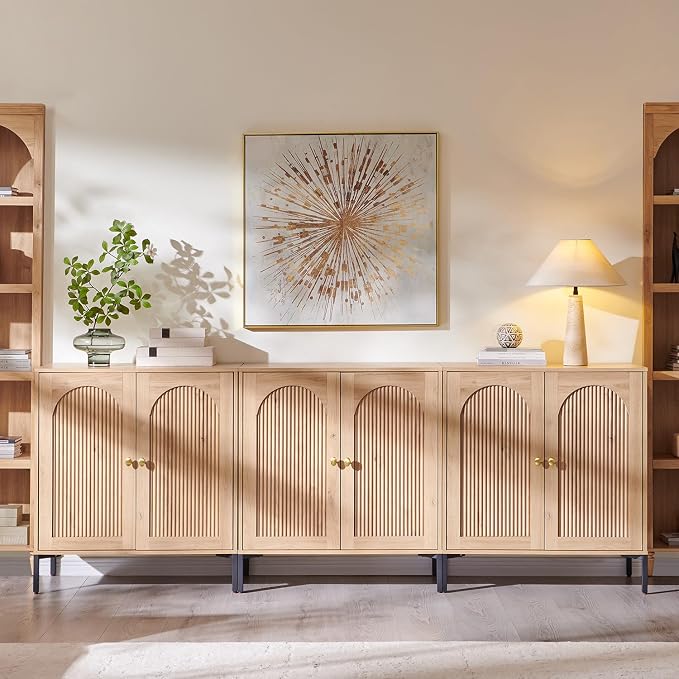 IFGET 92.63" W Modern Arched Sideboard Buffet Cabinet with Storage, Natural | Fluted Arch Sideboard Cabinet w/Adjustable Shelves, Wooden Modular Kitchen Cabinet for Dining& Living Room, Entryway