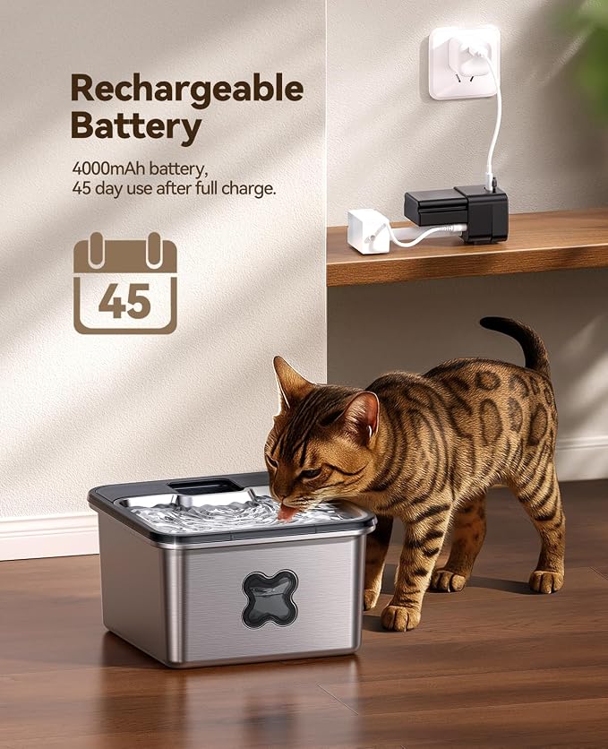 Cordless Cat Water Fountain : [Visual Filter] & [Heavy-Duty Stainless Steel] 3.2L/108oz, FEELNEEDY- Premium, Durable Design, 4000mAh Battery Operated Pet Fountain with Sensor, FN-W17 for Cats and Dogs