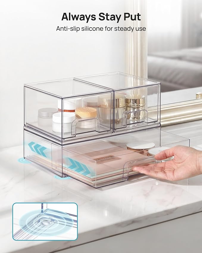 Vtopmart Stackable Storage Drawers Set of 4, Clear Plastic Organizer Bins for Bathroom Supplies,Ideal for Cabinet,Pantry,Laundry Room Organization