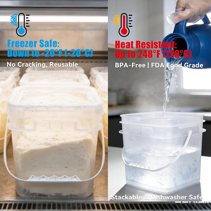 Food Storage Buckets with Lids - 4 Set Square Clear Plastic Containers, Airtight Pressure Seal & Handle for Kitchen Freezer Prep (Clear, 1.3 gal)