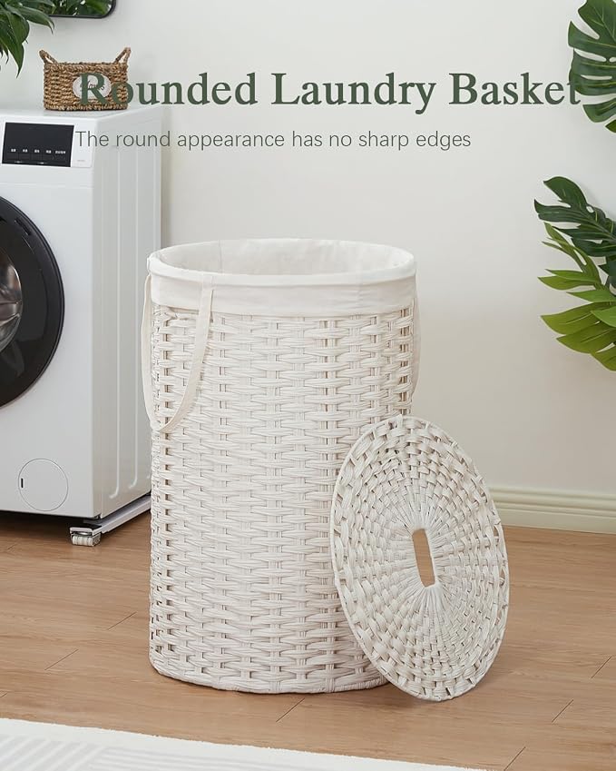 SETVSON Large Laundry Hamper Laundry Basket Round 34.3 Gal PE, White | Decorative PE Rattan Furniture Look for Bedroom, Jumbo Open-Top Laundry Hamper, Removable Bag, 2 Mesh Bags, Handles