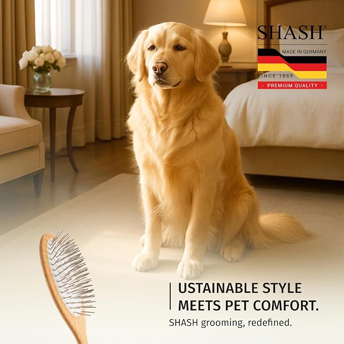 Since 1869 Hand Made In Germany - SHASH Oval Pet Brush With Long Metal Pins With Rubber Cushion - Helps Detangle Knots, Eliminate Frizz, Reduce Pulling & Snagging (Short Steel Pins)