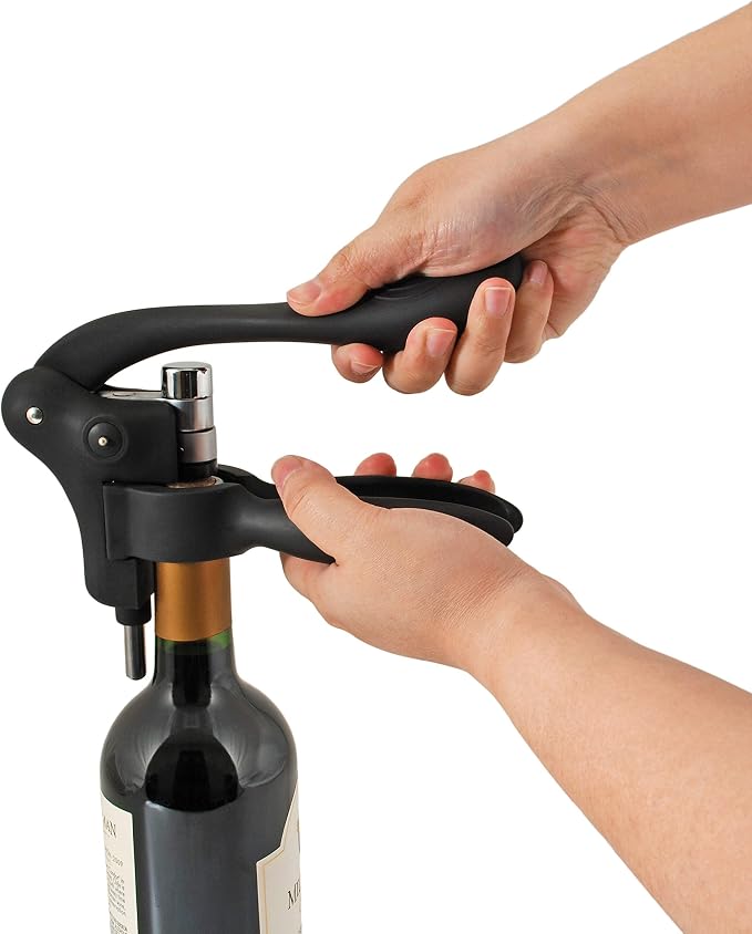 True Virtuoso Easy Lever Corkscrew Wine Opener Manual, Stainless Steel Corkscrew Wine Opener with Foil Cutter and Ergonomic Soft Touch Handle, Black