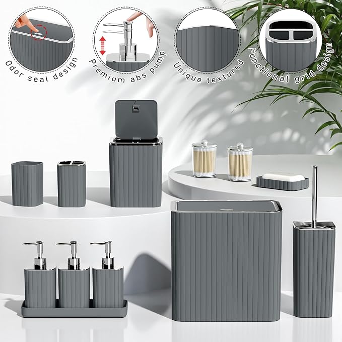 Bathroom Accessory Set - Bathroom Set, 12PC Bathroom Accessories Set, Grey Bathroom Accessories Set, Mini Trash Can, Toilet Brush, Trash Can & Soap Dispenser