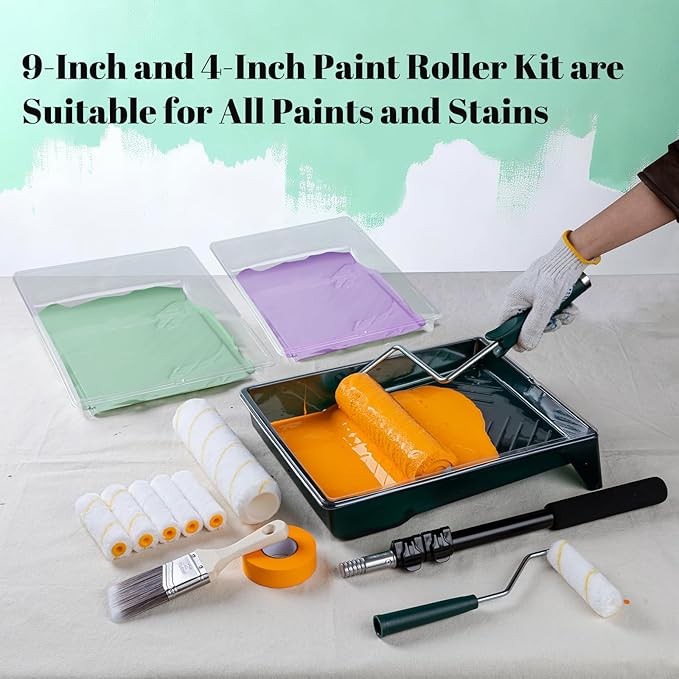 Paint Roller Kit with Extension Pole, 22 Pack, 9"4" Microfiber Paint Rollers, Paint Tray with Liners, Paint Brush & Tape, Painting Supplies for Painting Walls, Ceilings and Home (3 FT)