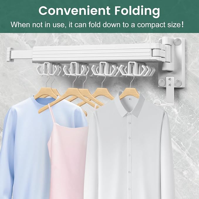 Kelisiting Wall Mounted Clothes Drying Rack, Laundry Drying Rack Wall Mount, 3-Fold Drying Rack Clothing, Foldable Clothes Drying Rack with 12 Dual Hooks Organization for Laundry Room Indoor - White