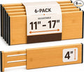 6 Pack Bamboo Drawer Dividers - 4 Inch High, Adjustable 11.5 to 17 Inch Expandable Kitchen Drawer Organizer, Spring Loaded Dresser Separator for Utensils, Clothes, Bedroom, Bathroom, Nursery, Office