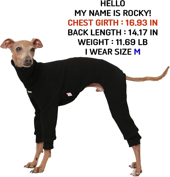 D Doggy Star Italian Greyhound Clothes, Brushed Fleece Turtleneck All in One, Stretchy and Cozy (S,Brshd FLC Black)