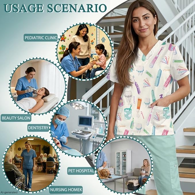 Gomyblomy Women's Scrubs Suit 3-Piece Set | Teeth Print V-Neck Top & Pants & Cap, Breathable and Stretch Fabric, S-5XL
