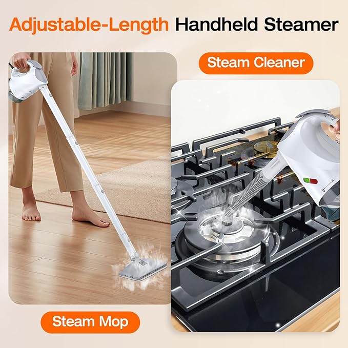 10-in-1 Steam Cleaner, Steam Mop & Detachable Handheld Steam Cleaner, 320ml Water Tank, 10s Fast Heating, Portable Steamer for Kitchen, Floor, Tiles, Window, BBQ Grill, Car, Bright White