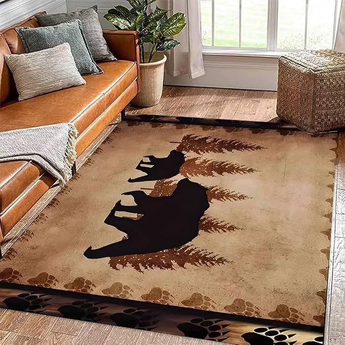Lodge Native Cabin Bear Rustic Area Rug for Living Room Non-Slip Retro Rustic Lodge Bear Footprints Border Rugs Apartment Decor Luxury Wildlife Animal Print Carpet Mat 6'x9'