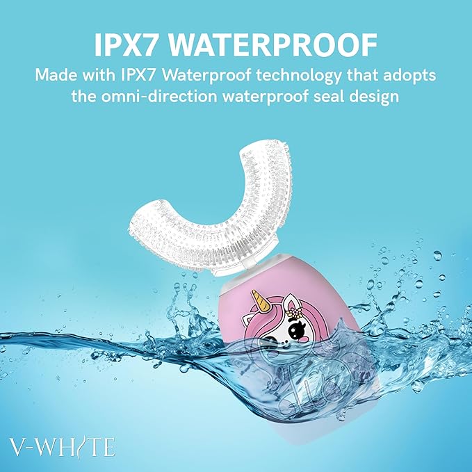 V-WHITE Kids Auto Brush Ultrasonic U-Shaped Toothbrush – 360° Teeth Cleaning, Hands-Free Electric Autobrush for Kids – Gum Protection, Waterproof IPX7, Wireless Charging (Pink)