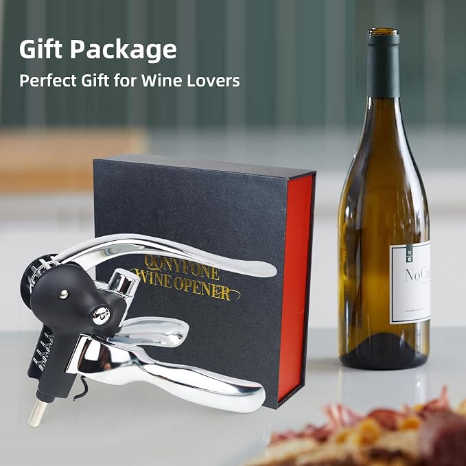 Wine Opener, Rabbit Corkscrew with Luxury Gift Box, Premium 5-Piece Set, Includes Wine Stopper, Foil Cutter, Wine Pourer, Quick and Easy Cork Extraction for Wine Lovers (Futura Silver)