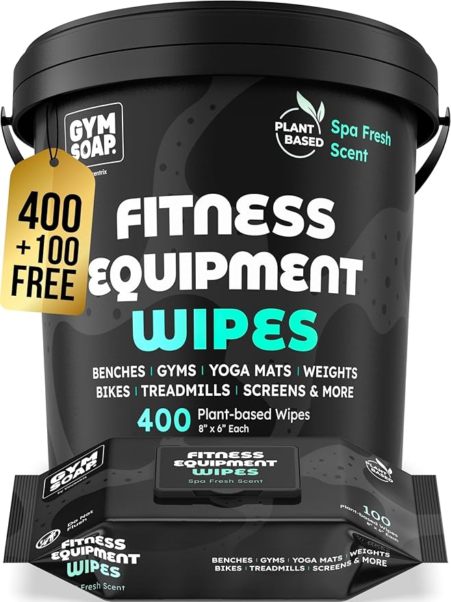 Gym & Yoga Mat Cleaner Wipes, Plant Based - 500 Gym Equipment Wipes to Clean Exercise Equipment, Treadmill, Peloton Bikes - Gym Supplies, Yoga Supplier, Cleaning Wipes for Home & Gym - Spa Fresh Scent