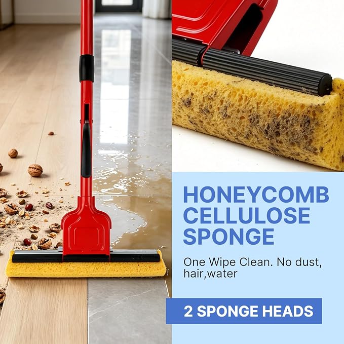 Commercial Sponge Mop for Floor Cleaning with 2 Compressed Cellulose Replacement Heads, Heavy Duty Industrial Mops for Hardwood Tile Laminate Marble, for Office Workshop Warehouse Garage Home Kitchen