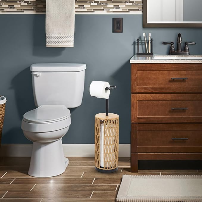 Trongee Freestanding Toilet Paper Holder with Storage,3 Rolls of Boho Toilet Paper Holder Stand with Lid,Gold Toilet Tissue Holder Stand Rattan Paper Storage Wicker Toilet Roll Holder Basket