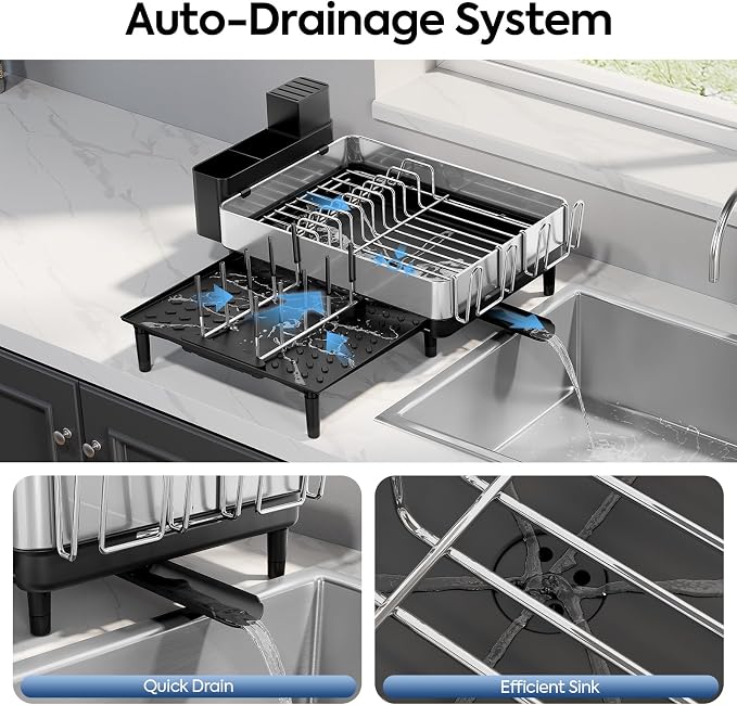 Urackify Expandable Dish Drying Rack, Stainless Steel, Large Capacity | Multifunctional Drainboard for Kitchen Countertop, Removable Cutlery Tray, Foldable Cup Holder, 20.4"L x 20"W, Silver