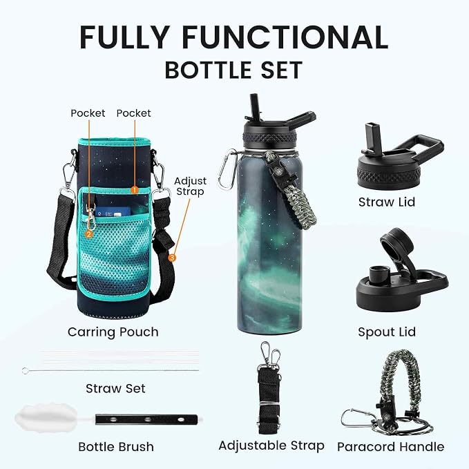 RAYMYLO Insulated Water Bottle 32 oz, Triple Wall Vacuum Stainless Steel (Cold for 24Hrs, Hot for 12Hrs), Leak Proof & Non-BPA, Modern Water Flask Jug with Paracord Handle & Straw Spout Lids