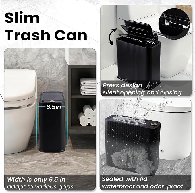 XLHOMO Black and Gold Bathroom Accessories Set - 9 Piece Complete Organization Kit with Slim Pop-up Trash Can, Toilet Brush, Lotion Dispensers, Jars & Soap Dish - Modern Matte Stripe Bathroom Decor