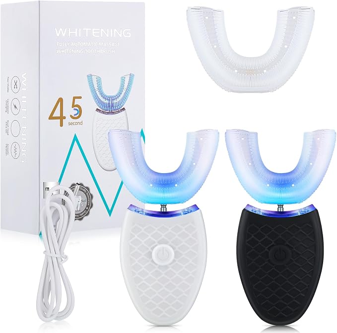 U Shaped Automatic Toothbrushes 360 Degree Ultrasonic Electric Toothbrush for Adults, 2 Pack, Black White(No Base)