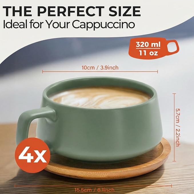 MIAMIO - Cappuccino Cup Set of 4, Ceramic Mugs (9.5 oz) - Luxe (Evergreen) | Ceramic cappuccino cups with saucers, wide latte cups and mugs for Americano, 4-piece set of ceramic cups - dishwasher safe