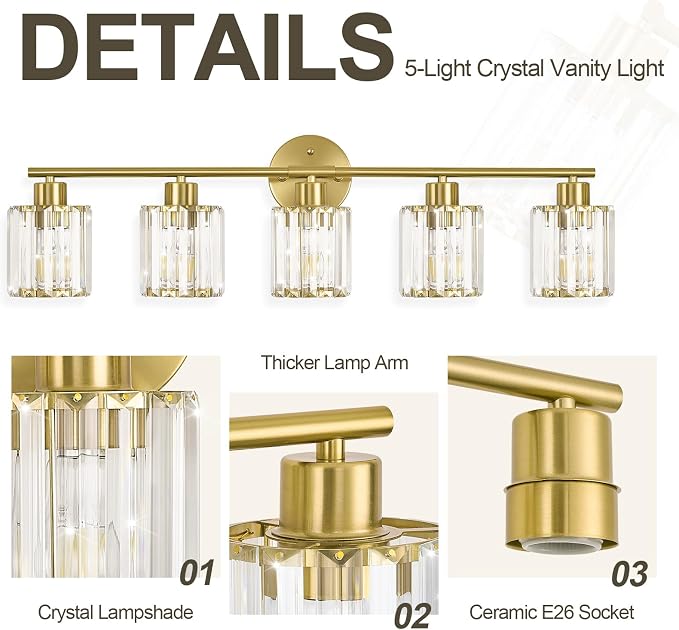 Crystal Bathroom Light Fixtures,Bathroom Lighting Fixtures Over Mirror, Modern 5-Light Gold Vanity Lights for Mirror, Restroom,Kitchen(Ceramic E26 Socket,Bulbs Not Include)