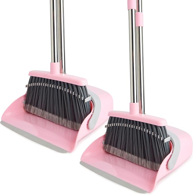2-Pack Broom and Dustpan Set with Long Handle, Heavy Dust Broom and Dustpan Combo for Home，Kitchen, Office, Pet Hair(Grey Pink)