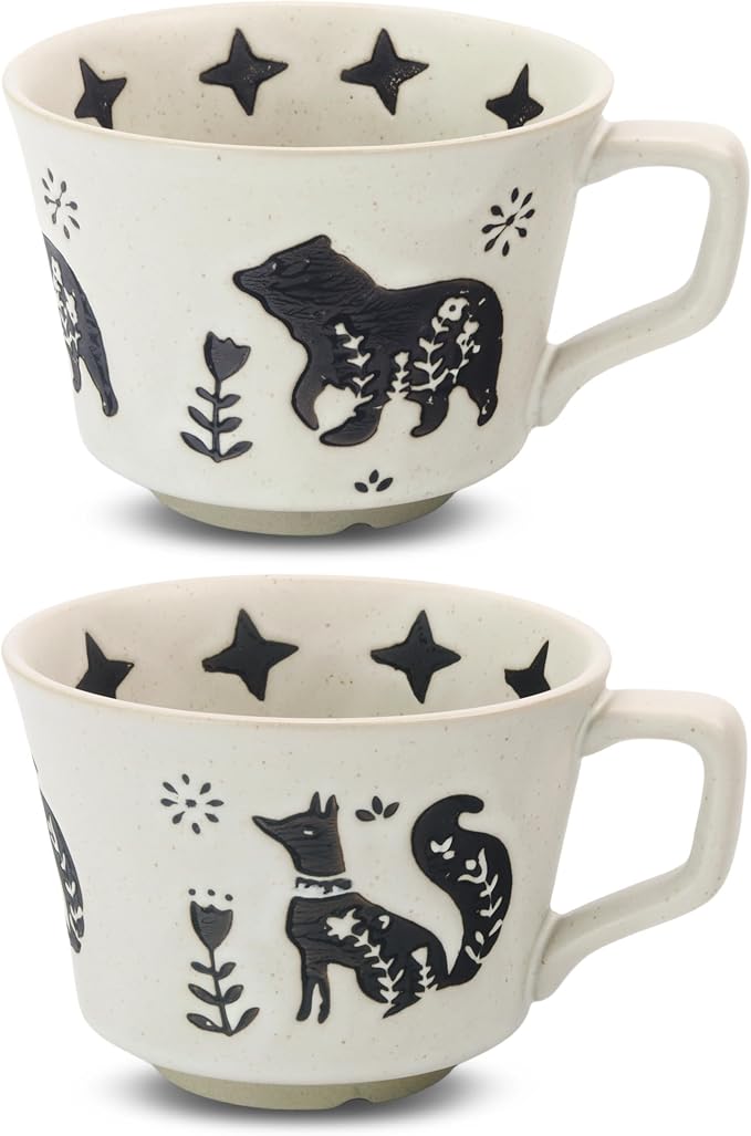 11 oz Ceramic Coffee Mug, Stoneware Teacup with Handle | Small Novelty Unique Cup for Tea Mocha Latte Cappuccino, Microwave Dishwasher Safe (Set of 2, Fox and Bear)