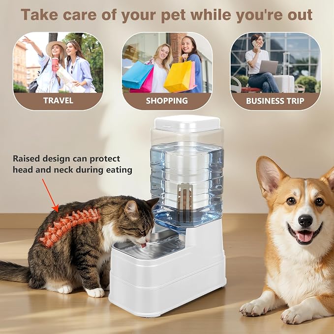 2.2 Gallon Pet Automatic Dog Water Dispenser Cat Gravity Waterer Feeder with Stainless Steel Bowl Large Capacity Puppy Feeding Raised Bowls with Filter,Ice Pack