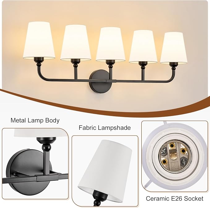 Bathroom Vanity Light, Matte Black Bathroom Light Fixtures, 5-Light Lighting Fixtures Over Mirror, Modern Wall Sconce with Flared White Fabric Shade, E26 Socket(ETL Listed)