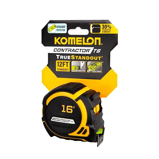 Komelon 16-Ft Contractor TS Wide blade Tape Measure with Backside Printing, Manual Lock, Long Standout (93416)