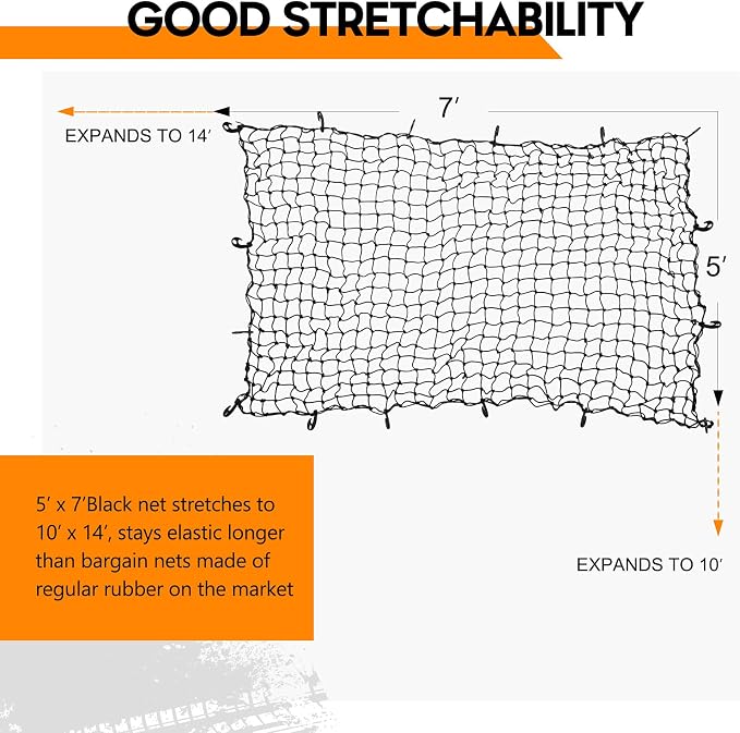 7' x 5' Heavy Duty Bungee Cord Cargo Net Stretches to 14' x 10'-Latex Truck Bed Mesh with 12Pcs Free Adjustable Hooks for Secure Carrying on Roof Luggage Rack,Cargo Carrier and Pickup Truck Bed