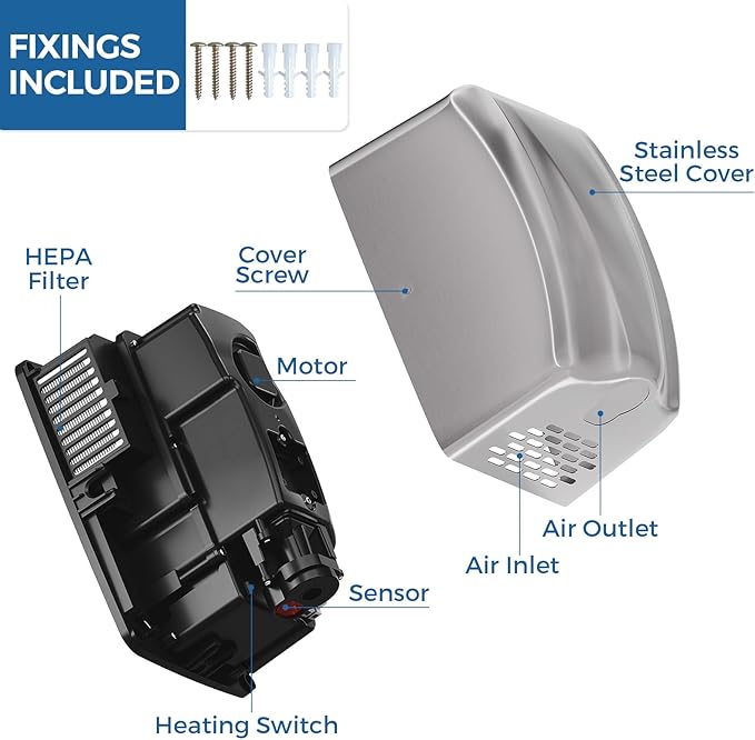 stardrix UL Approved Stainless Steel Bathroom Hand Dryer with HEPA Filter, Heavy Duty Automatic Electric High Speed Hand Dryer for Commercial Restroom, Brushed